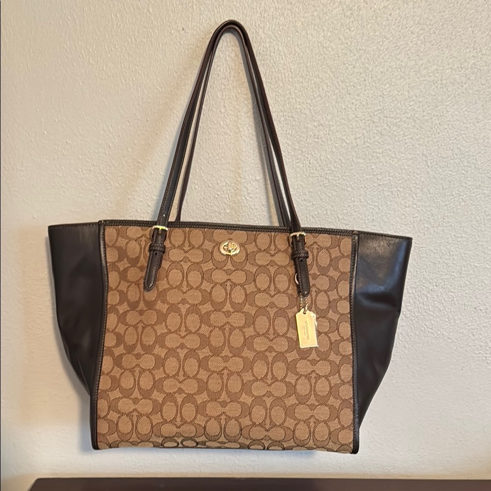 Coach Brown  Signature Jacquard and Smooth Calf leather Turnlock Tote Bag